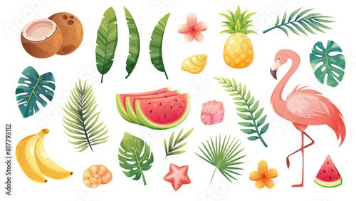 Big tropical set. Leaves of tropical plants, palm trees, monstera, pink flamingo, tropical fruits and flowers. Vector illustration