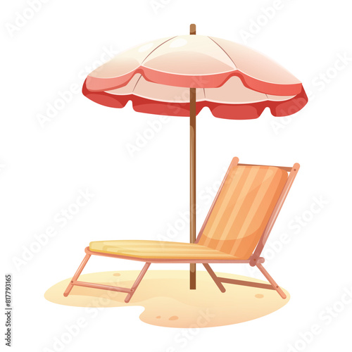 Beach lounger with big sun umbrella on white background. Vector summer illustration