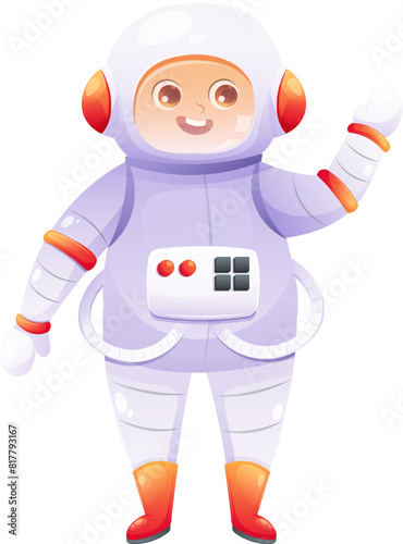 Cute astronaut in white spacesuit waves his hand. Vector character with gradien for kids
