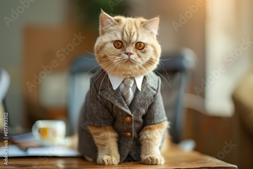 Cute cat in modern suit on blurred office background