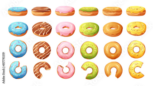 Collection of delicious donuts with glaze in different twists and turns. Donut side view, turned, top view, bite off. Vector illustration