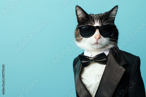 Cute cat in modern tuxedo and sunglasses on blue background photo