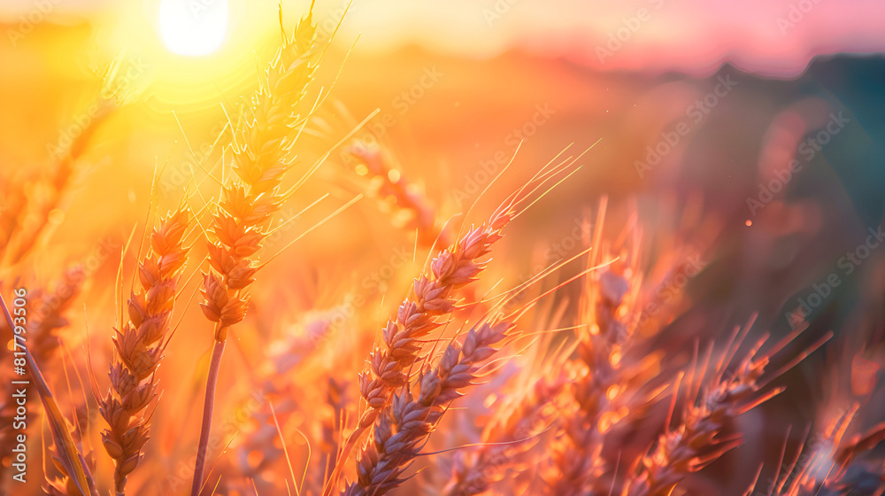 Wheat field. Ears of golden wheat close up. Beautiful Nature Sunset Landscape. Rural Scenery under Shining Sunlight. Background of ripening ears of meadow wheat field. Rich harvest Concept Wheat field. Ears of golden wheat close up. Beautiful Nature Sunset Landscape. Rural Scenery under Shining Sunlight. Background of ripening ears of meadow wheat field. Rich harvest Concept