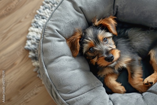 Top view of adorable dog lying on soft dog bed in home interior