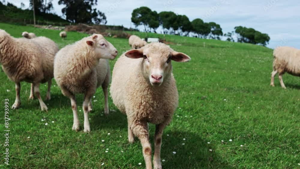 Close-up of a white lamb looking forward at green grass on a hillside with a flock of lambs in the background. Close-up of a white lamb looking forward at green grass on a hillside with a flock of lambs in the background.
