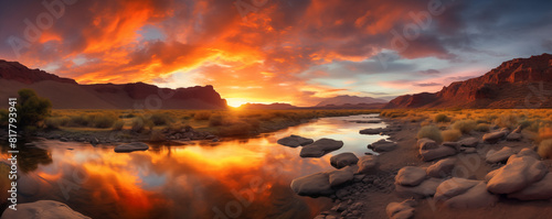 Late sunset over the river  beautiful colorful panoramic view  generated ai