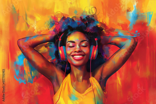 Colorful background with happy black woman listening to music on headphones