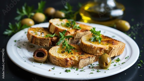 Exquisite Bread Toasts Served on a White Plate with Green Herbs and Olives, Drizzled, Generative AI