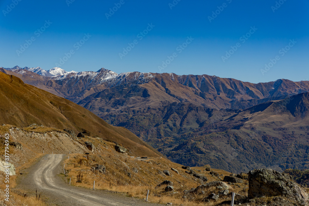 Fototapeta premium Stunning view of the majestic high mountains of Roshka, Georgia, and Abudelauri Lakes in winter