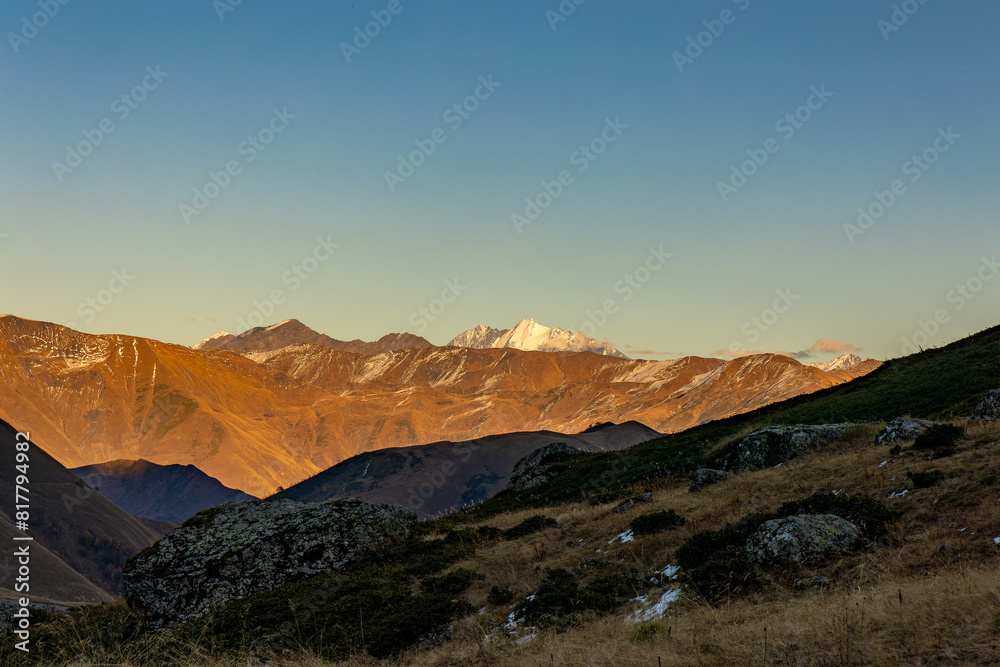 Stunning view of the majestic high mountains of Roshka, Georgia, and Abudelauri Lakes in winter