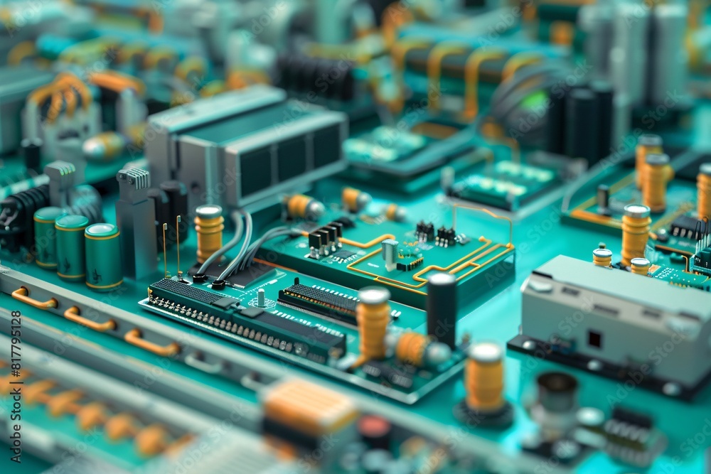 Detailed view of an electronic circuit board showing various components and copper traces Detailed view of an electronic circuit board showing various components and copper traces