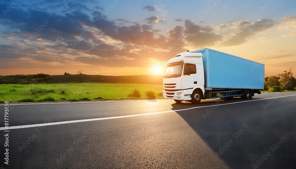 Truck on the asphalt road in the evening