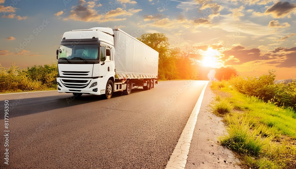 Truck on the asphalt road in the evening