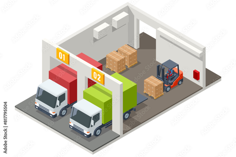 Isometric Warehouse Logistic Interior Storage Room Factory. Semi trailer truck. Cargo Truck transportation, delivery, boxes. Fast delivery or logistic transport. Automatic logistics management Isometric Warehouse Logistic Interior Storage Room Factory. Semi trailer truck. Cargo Truck transportation, delivery, boxes. Fast delivery or logistic transport. Automatic logistics management