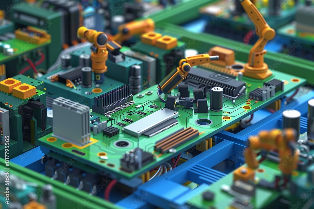 Obraz premium Various electronic components being assembled and tested on the production line in a factory setting
