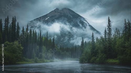 Misty Mountain and Forest River Scene
