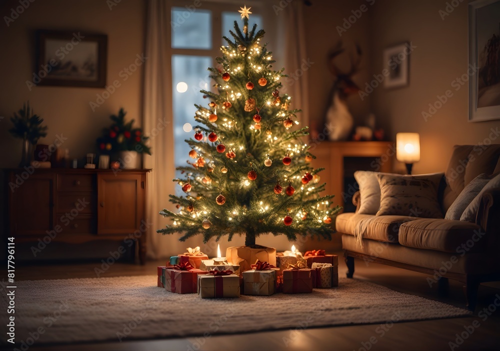 Christmas Tree with Gifts and Decorations in a Festive
