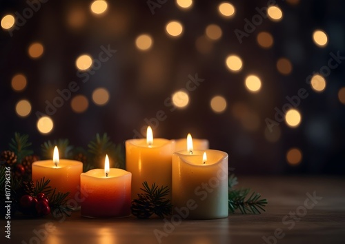 A festive scene with Christmas candles glowing on a table beside a Christmas tree  set against a red background