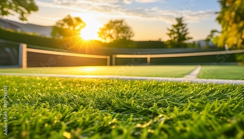 close-up cancha de tenis de césped recién cortado, pista de tenis al amanecer, torneo de club de tenis
 photo