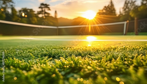 close-up cancha de tenis de césped recién cortado, pista de tenis al amanecer, torneo de club de tenis 