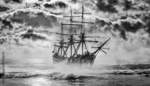a mysterious ghost ship suddenly emerging from the clouds and fog at stormy sea 