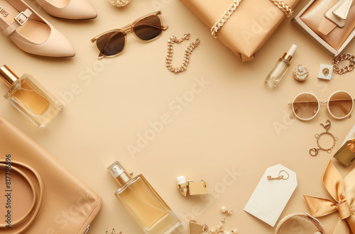 A flat lay composition featuring various women's accessories, including high heels and handbag on the left side of an empty beige background with space for text in the center