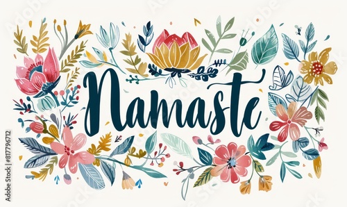 Namaste - calligraphy lettering with decorative floral elements frame on white background