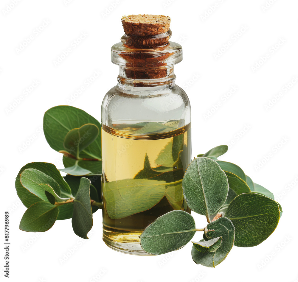 Essential oil in glass bottle surrounded by green leaves, cut out - stock png. Essential oil in glass bottle surrounded by green leaves, cut out - stock png.
