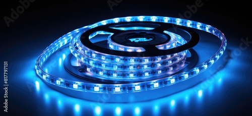 A strip of LED lights emitting blue illumination