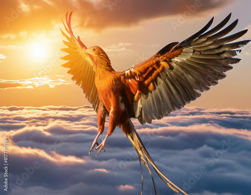 fantasy illustration of a phoenix flying high in the sky with clouds at sunset	 photo