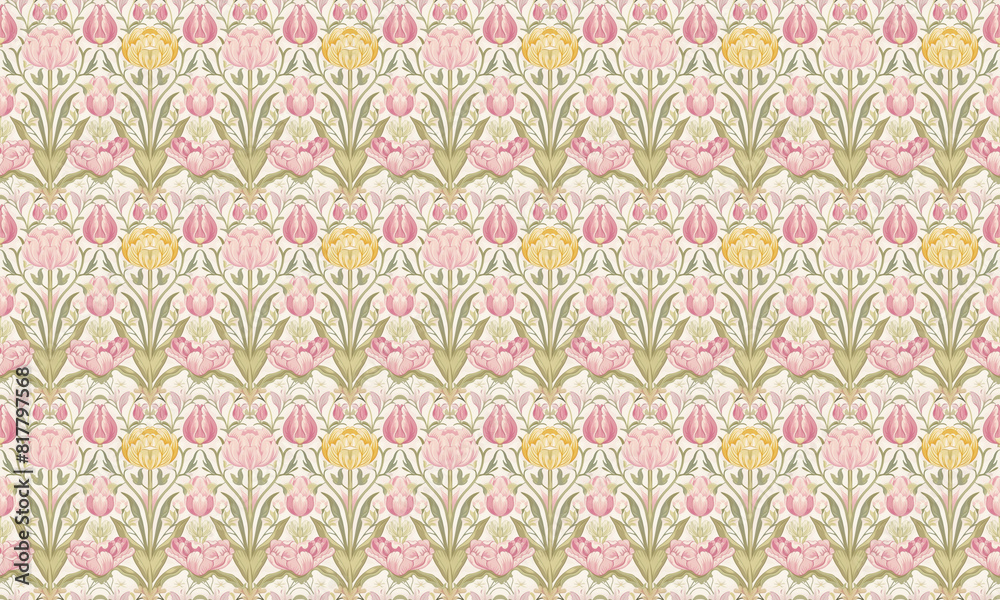 tulip, pink, yellow and green floral pattern on a fabric, perfect for spring and summer designs tulip, pink, yellow and green floral pattern on a fabric, perfect for spring and summer designs