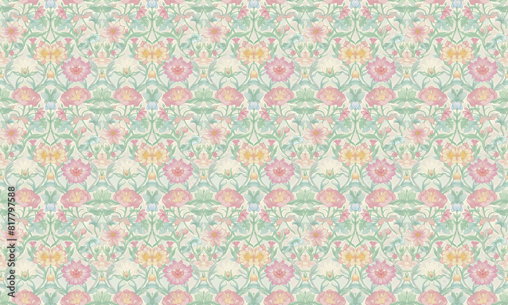 Pink, yellow, blue and green floral pattern on a fabric, perfect for spring and summer designs Pink, yellow, blue and green floral pattern on a fabric, perfect for spring and summer designs