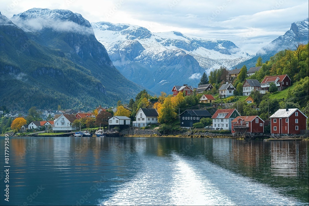 Naklejka premium Quaint village by a mountain lake in Norway