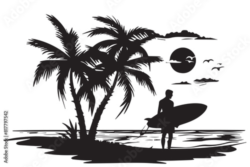 silhouette palm tree surfing man beach