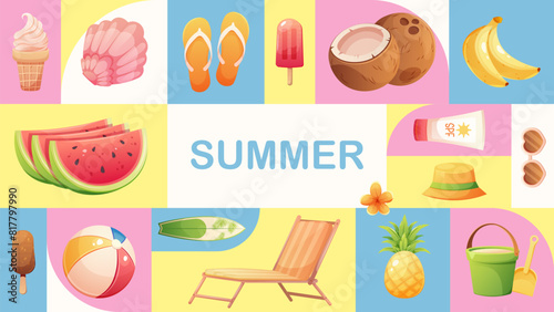 Geometric pattern with summer  icons and Summer lettering. Vector illustration for summer sales, discounts, hello summer