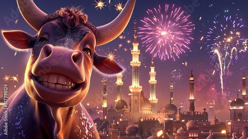 A Happy cow celebrating Eid with Fireworks in background
