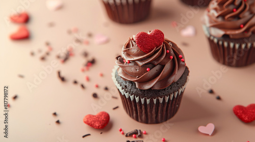 Tasty chocolate cupcake for Valentines Day on beige background