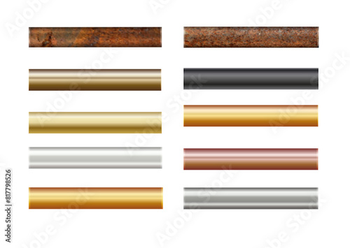Pipe set isolated on background. Chrome, rusty, steel, golden, copper and iron pipes profile. Cylinder metal tubes. Vector