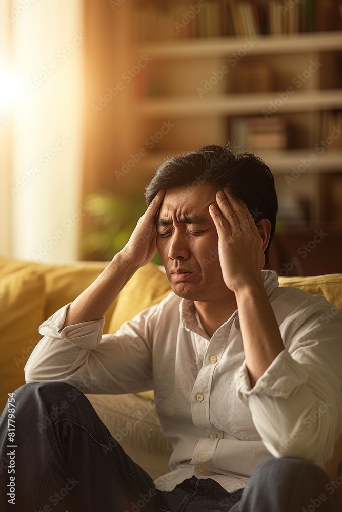 Asian man at home having a headache Asian man at home having a headache
