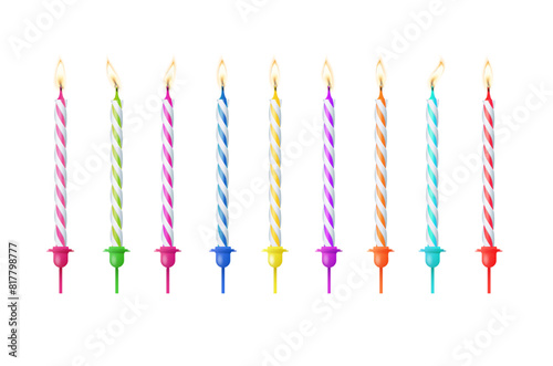 3d realistic colorful candles for birthday cake. Holiday candles with burning flames candlelight on wicks, celebration objects. Vector