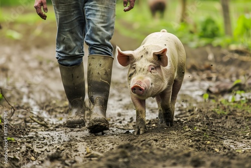 A person in muddy boots and jeans walking alongside a piglet on a dirt path in a farm setting. photo