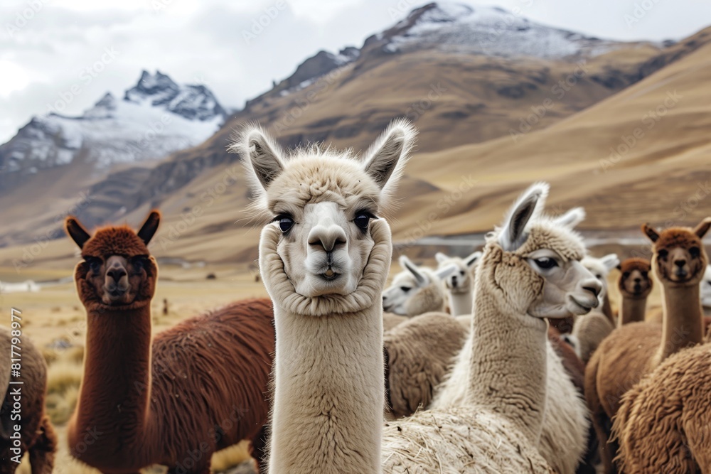 Obraz premium A group of alpacas standing in a mountainous landscape with snow-capped peaks and dry grassy hills in the background, showcasing their variety of colors and textures.