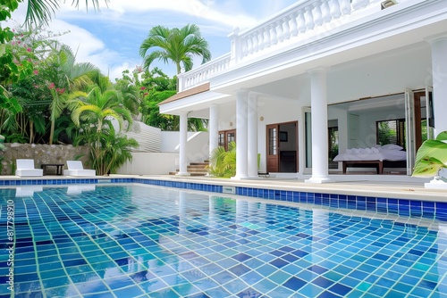 Luxurious tropical villa with a private swimming pool and lush garden. The villa features a spacious terrace with white columns and open-air living spaces.