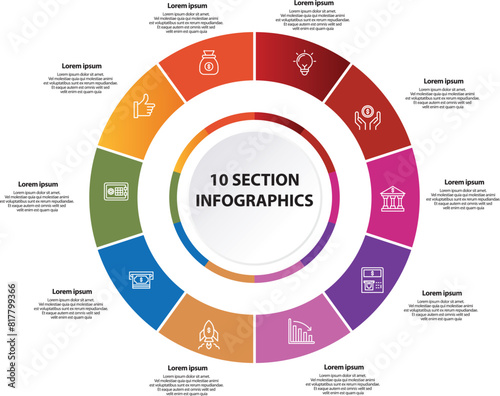 Collection of vector circle chart infographic templates for presentations, advertising, layouts, annual reports. 10 options, steps, parts