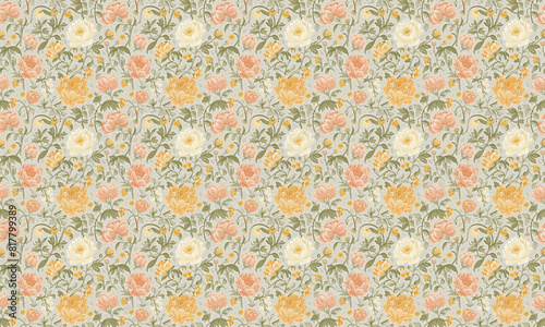 Floral pattern with orange, white, and pink flowers. Elegant mirror pattern