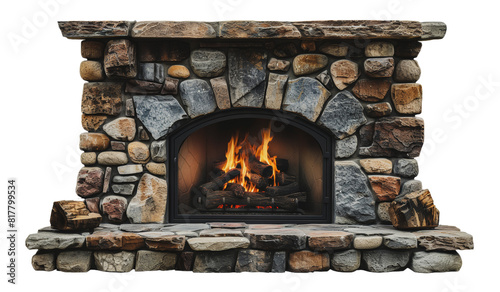 Rustic stone fireplace with wooden mantel and burning fire logs, cut out - stock png.