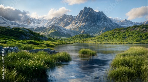 Fototapeta Naklejka Na Ścianę i Meble -  Green meadow and mountains by reflective lake