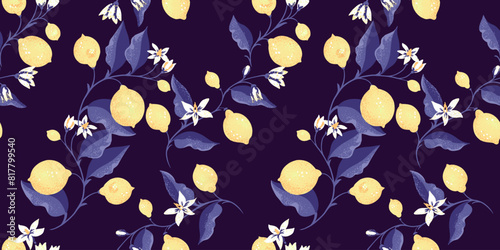 Tropical pattern with blooming yellow lemons, on branch with leaves. Vector hand drawing illustration. Abstract artistic citrus fruit printing intertwined in a seamless black background.