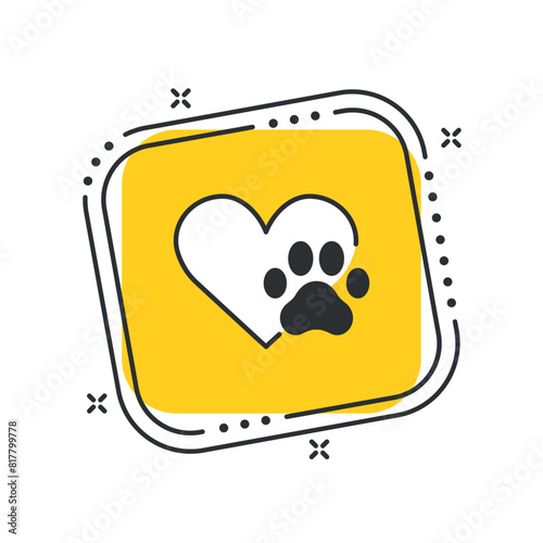 Cartoon pet paw icon vector illustration. Friend pet on isolated yellow square background. Animal love sign concept.