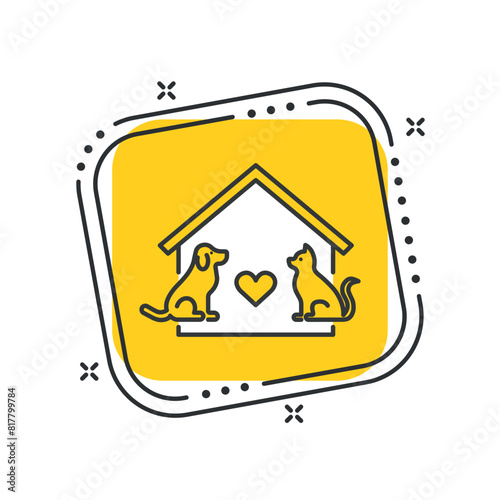 Cartoon animal shelter icon vector illustration. Adopt a pet on isolated yellow square background. Banner buy  sign concept.